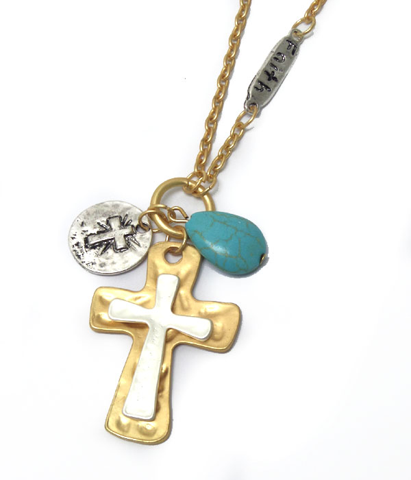 LAYER CROSS WITH TURQUOISE STONE NECKLACE 