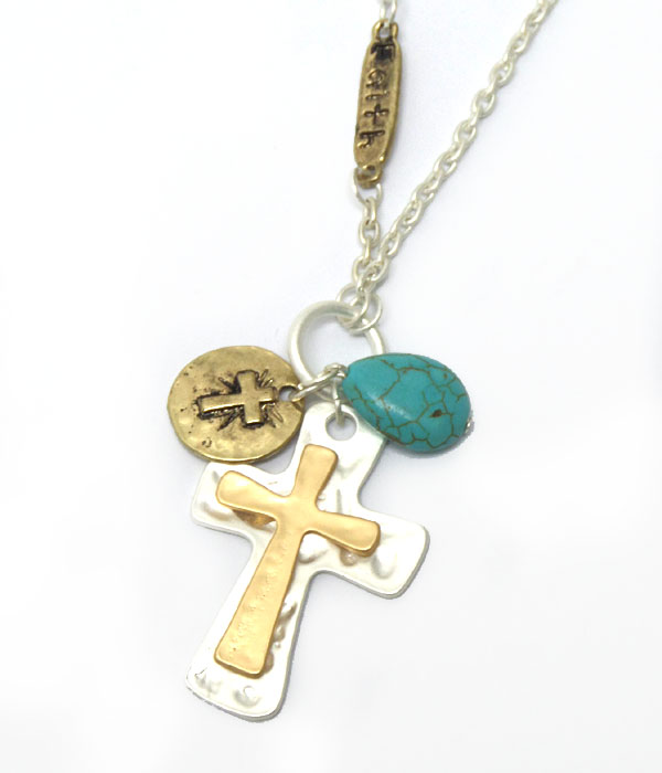 LAYER CROSS WITH TURQUOISE STONE NECKLACE 