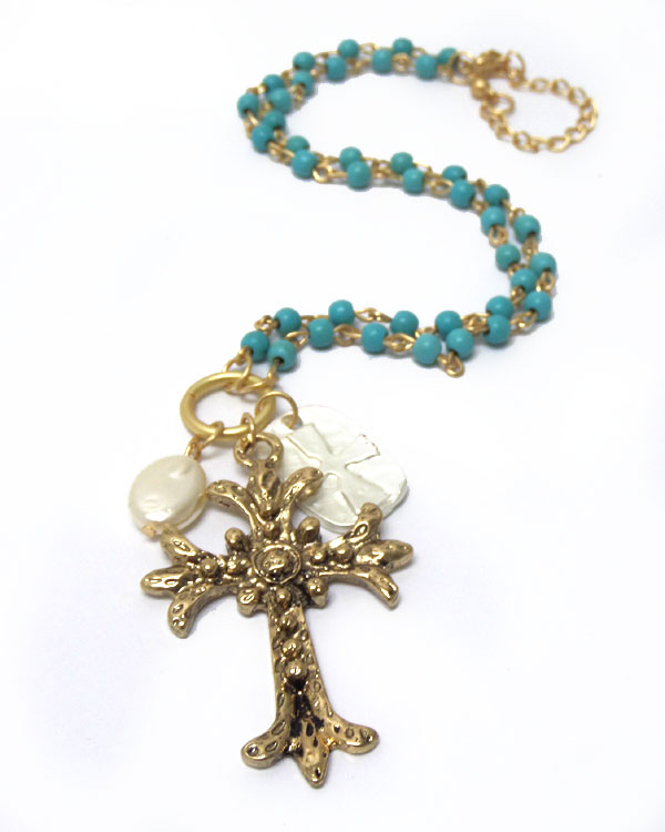 TEXTURED METAL CROSS WITH SMALL TURQUOISE STONES NECKLACE 