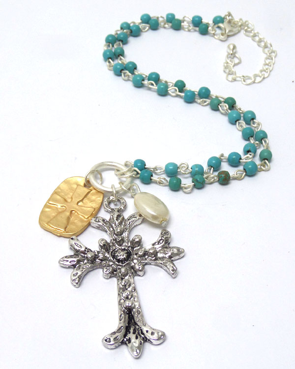 TEXTURED METAL CROSS WITH SMALL TURQUOISE STONES NECKLACE