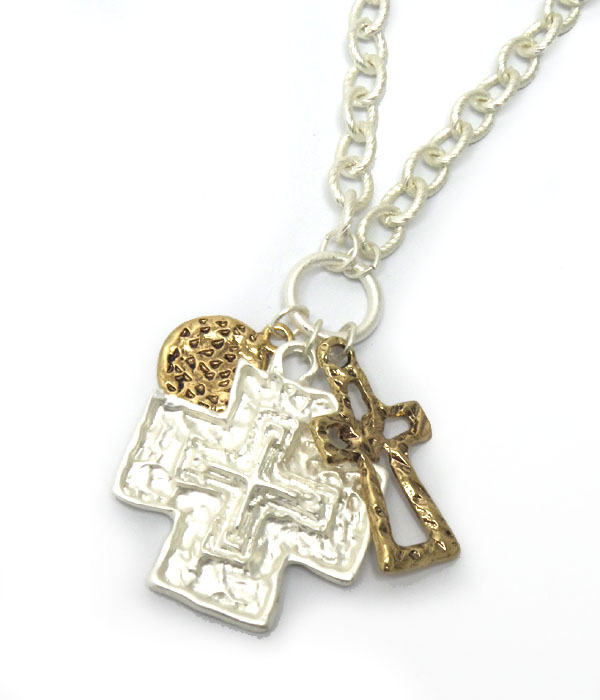 TWO TEXTURED METAL CROSSES NECKLACE