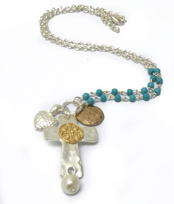 METAL CROSS WITH BEADS AND HEART CROSS NECKLACE