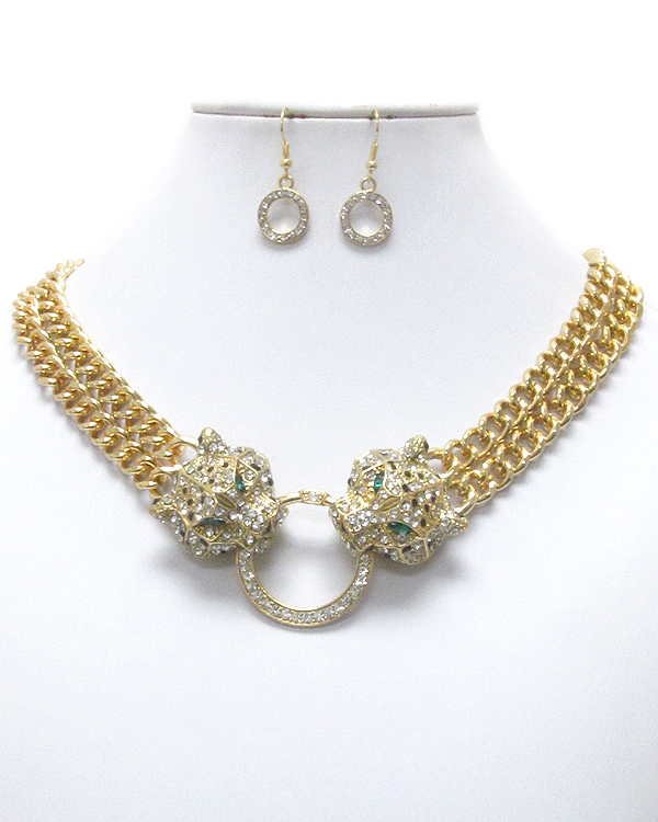 CRYSTAL DECO DOUBLE LEOPARD CHAIN NECKLACE EARRING SET