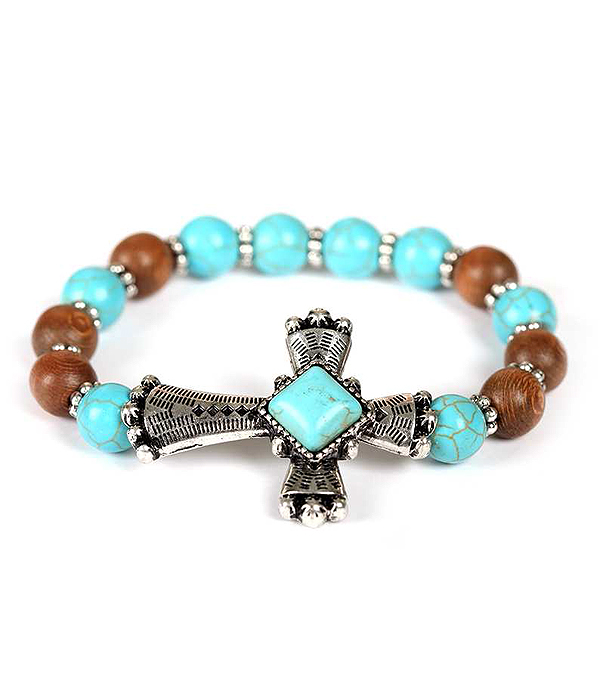 TEXTURED CROSS TURQUOISE AND WOOD BALL STRETCH BRACELET