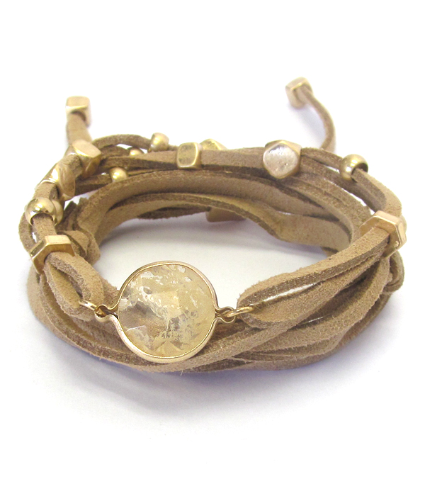 FACET STONE AND METAL BEAD SUEDE PULL TIE WRAP BRACELET