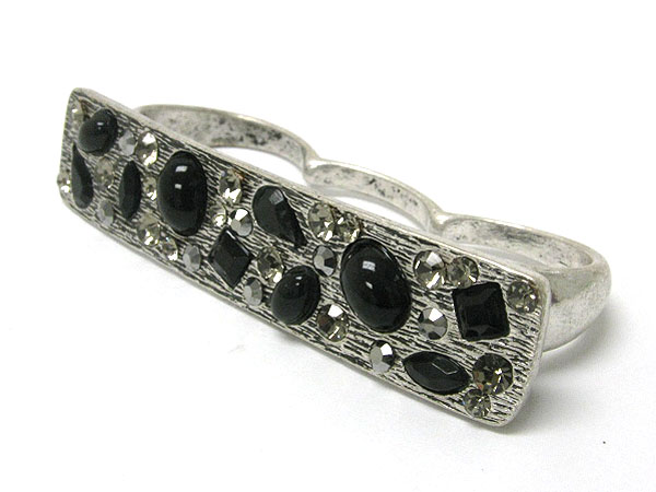 GLAM PUNK ROCK CRYSTAL AND GLASS DECO TRI FINGER RING