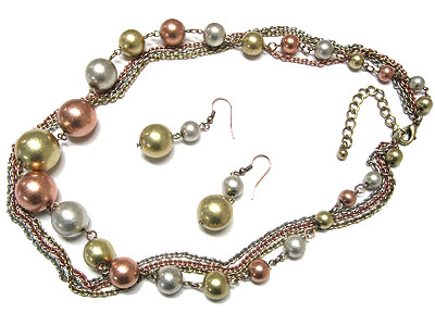 TRI TONE METAL BALL MULTI STRAND NECKLACE AND EARRING SET