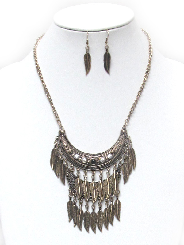 METAL  FEATHER DROP LAYER NECKLACE SET 