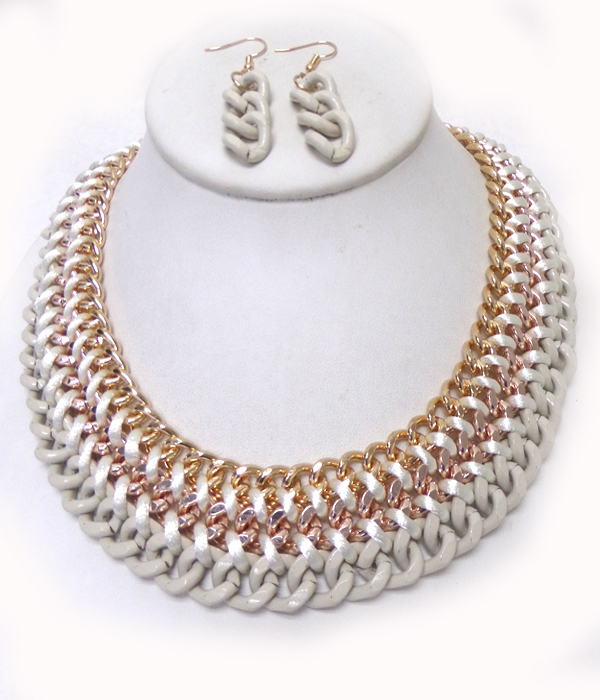 3 ROW MIXED METAL CHAIN NECKLACE SET