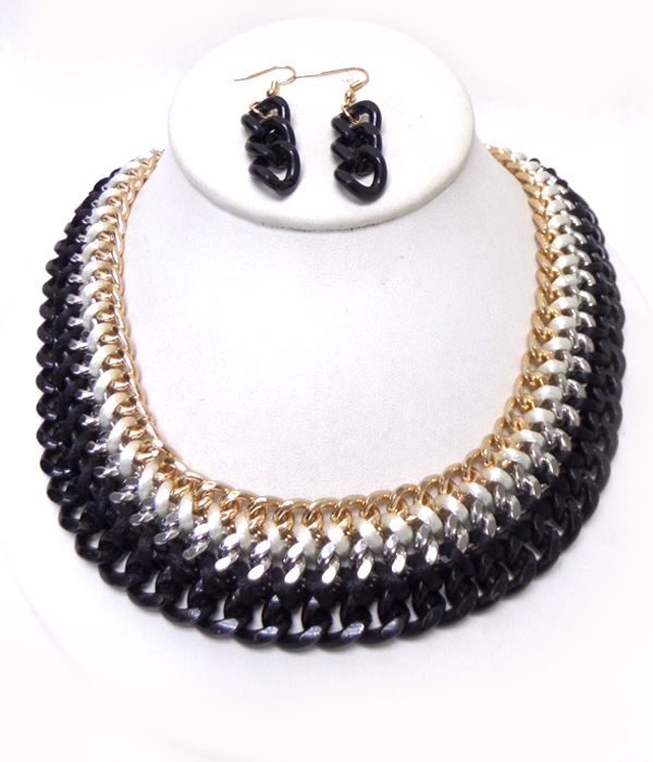 3 ROW MIXED METAL CHAIN NECKLACE SET