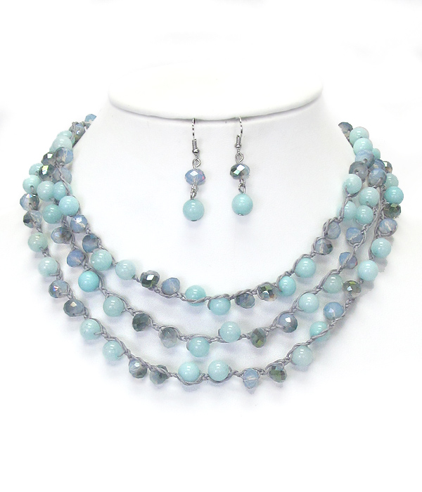 MULTI GLASS BALL CORD MIX AND LINK 3 LAYER NECKLACE SET