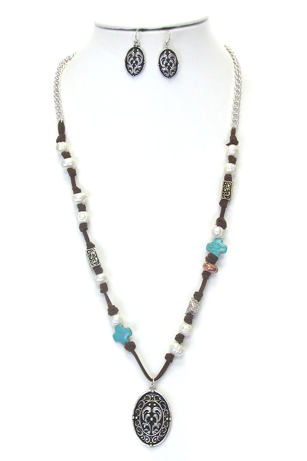 FRESHWATER PEARL AND TURQUOISE CROSS MIX LEATHERETTE LONG NECKLACE SET