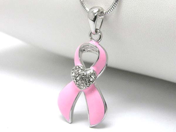 MADE IN KOREA WHITEGOLD PLATING EPOXY AND CRYSTAL DECO PINK RIBBON PENDANT NECKLACE - BREAST CANCER AWARENESS