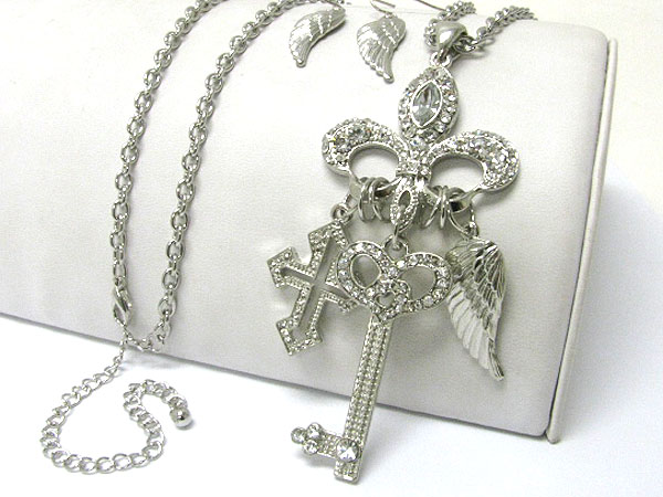 CRYSTAL STUD FLEUR DE LIS AND KEY WING AND CROSS DANGLE LONG CHAIN NECKLACE EARRING SET