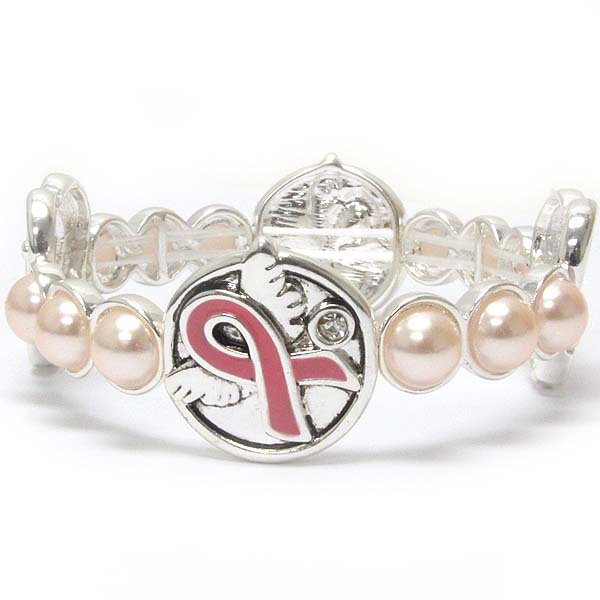 CRYSTAL AND PEARL DECO PINKRIBBON BOW AND ANGEL WING STRETCH BRACELET