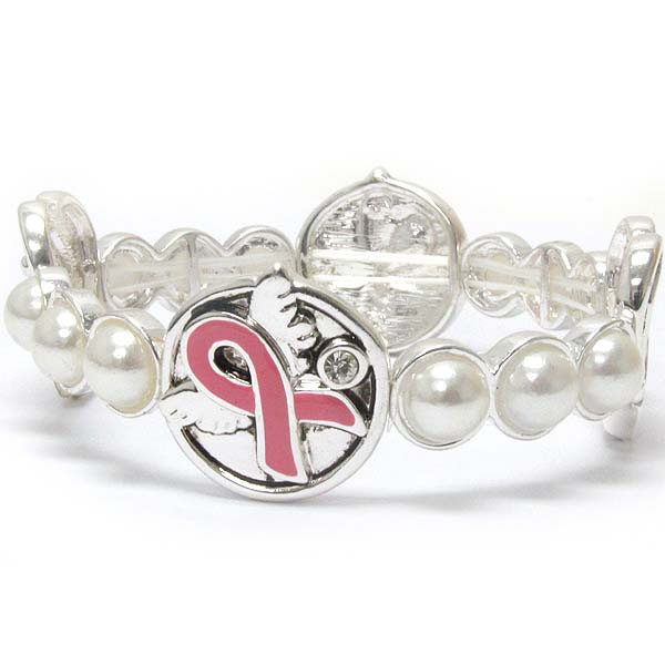 CRYSTAL AND PEARL DECO PINKRIBBON BOW AND ANGEL WING STRETCH BRACELET