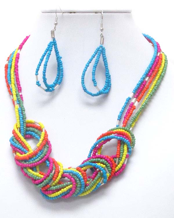 MULTI BEAD AND CHAIN KNOT NECKLACE EARRING SET