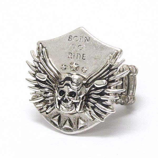 SKULL AND WING DECO BORN TO RIDE  BIKERS STRETCH RING