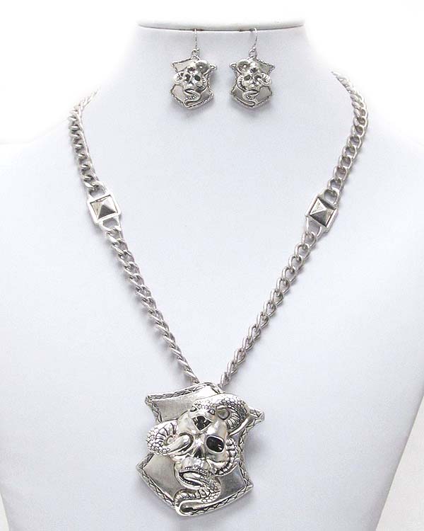 SKULL AND SNAKE DECO PENDANT BIKERS NECKLACE EARRING SET