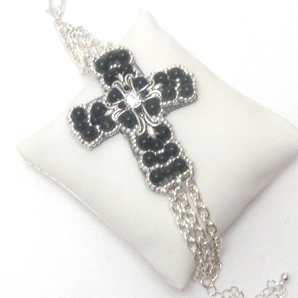 CRYSTAL AND ACRYLIC STONE BALL DECO ON LEATHERETTE CROSS CHAIN BRACELET