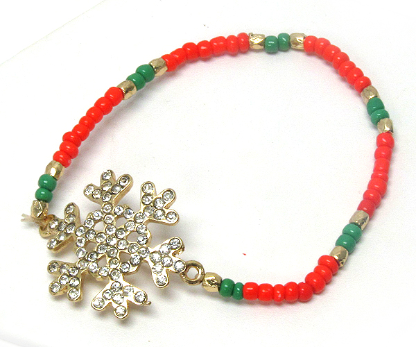 CRYSTAL SNOW FLAKE AND SEED BEADS STRETCH BRACELET