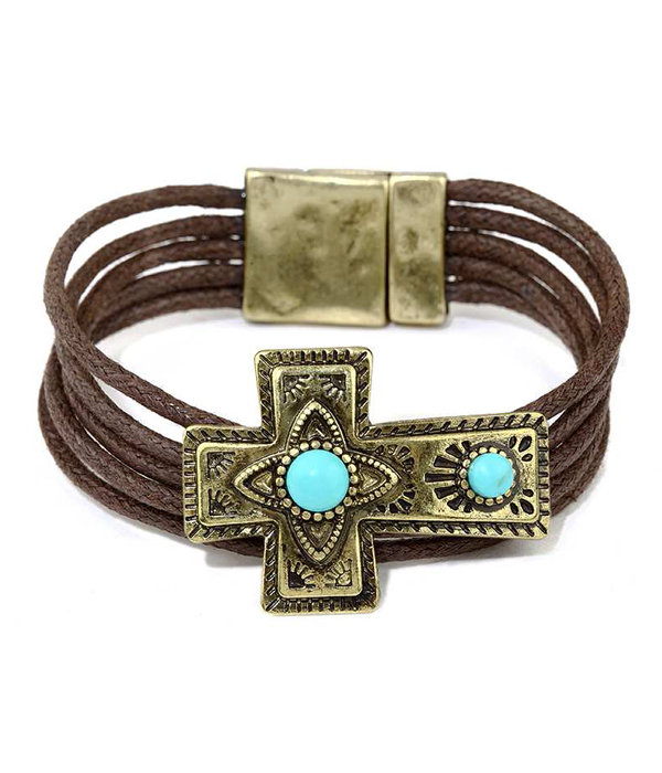 TURQUOISE CENTER TEXTURED CROSS AND CORD MAGNETIC FINISH BRACELET