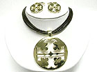 CUT OUT ROUND METAL PENDANT AND CORD NECKLACE EARRING SET