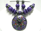 MULTI COLOR CRYSTAL DECO ROUND EAMELED METAL PENDANT AND BEADS NECKLACE SET