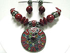 MULTI COLOR CRYSTAL DECO ROUND EAMELED METAL PENDANT AND BEADS NECKLACE SET