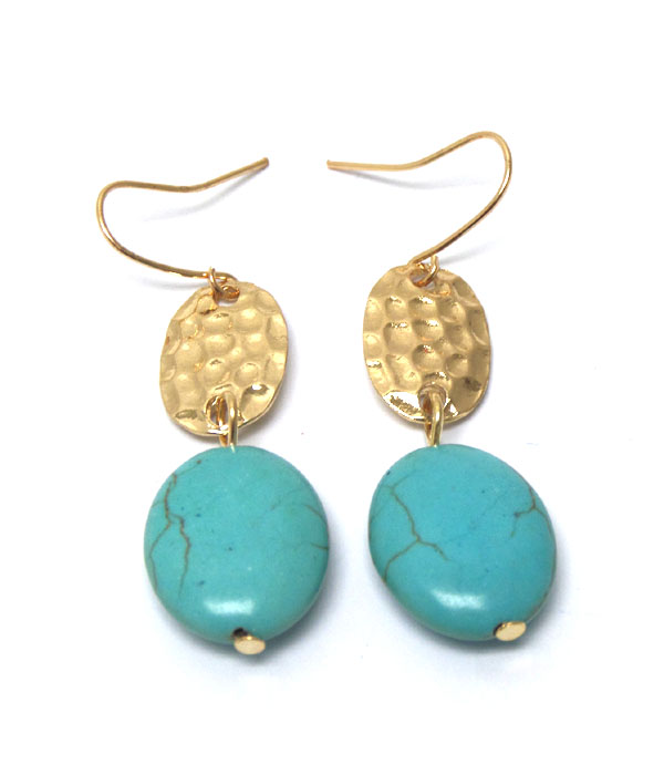 TURQUOISE STONE WITH METAL DISK FISH HOOK EARRINGS 