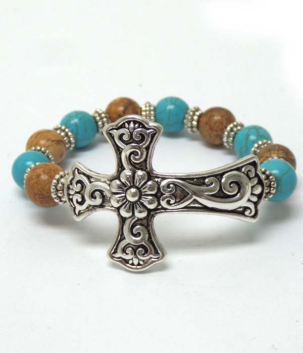 BROWN AND TURQUOISE STONE METAL TEXTURED CROSS