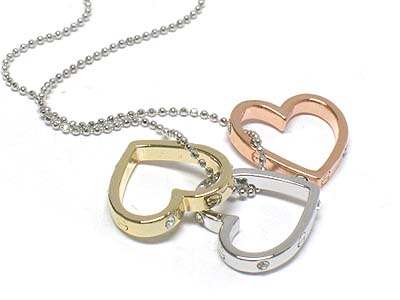 MADE IN KOREA WHITEGOLD PLATING TRI TONE AND SIDE CRYSTAL STUD HEART NECKLACE -valentine