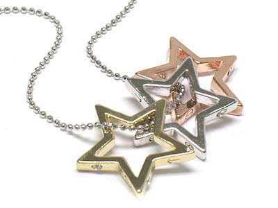 MADE IN KOREA WHITEGOLD PLATING TRI TONE AND SIDE CRYSTAL STUD STAR NECKLACE