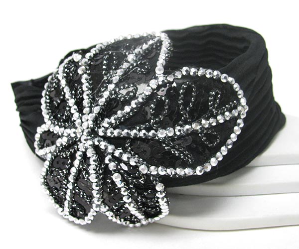 CRYSTAL AND SEQUIN LARGE FLOWER DECO FABRIC HEADBAND