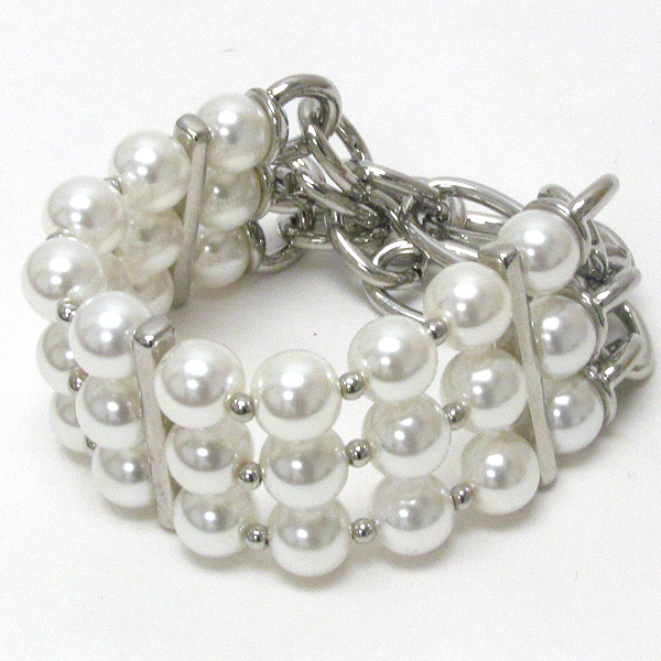 MULTI PEARL AND CHAIN MIX 3 LAYER STRETCH BRACELET