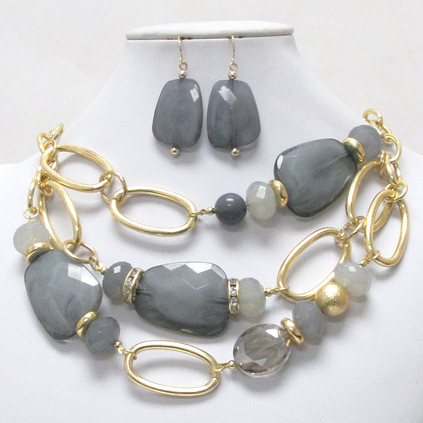 CRYSTAL RONDELLE AND FACET RESIN STONE MIX 3 LAYERED NECKLACE EARRING SET