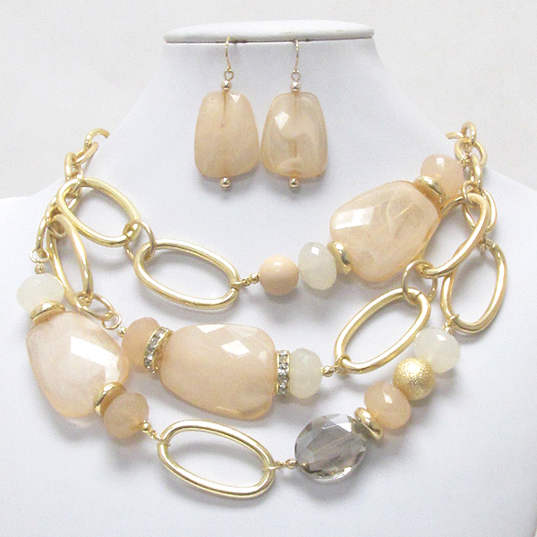 CRYSTAL RONDELLE AND FACET RESIN STONE MIX 3 LAYERED NECKLACE EARRING SET