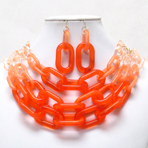 MULTI ACRYLIC CHAIN AND GRADIENT COLOR 3 LAYERED NECKLACE EARRING SET