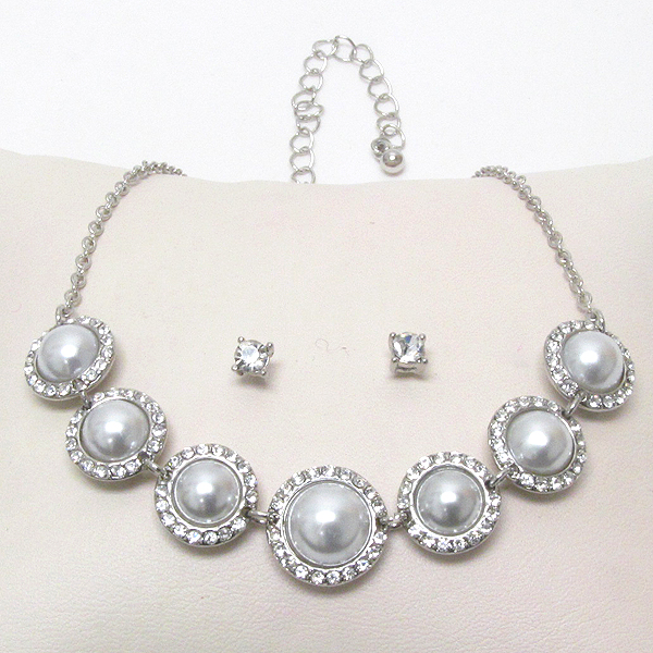 PEARL CENTER AND CRYSTAL DECO MULIT DISK LINK NECKLACE EARRING SET