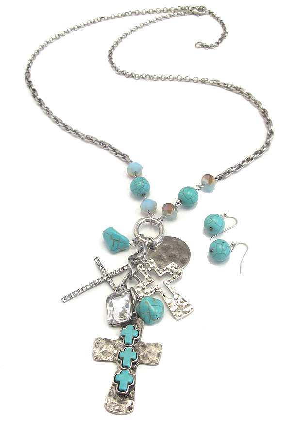 TURQUOISE AND CRYSTAL MULTI CROSS CHARM DROP NECKLACE SET