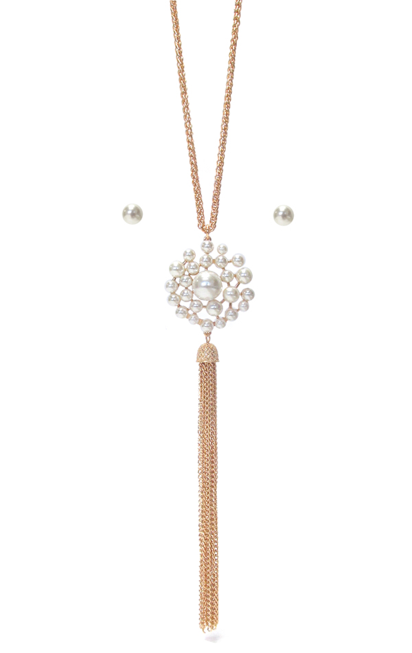 MULTI PEARL AND LONG FINE CHAIN TASSEL LONG NECKLACE SET