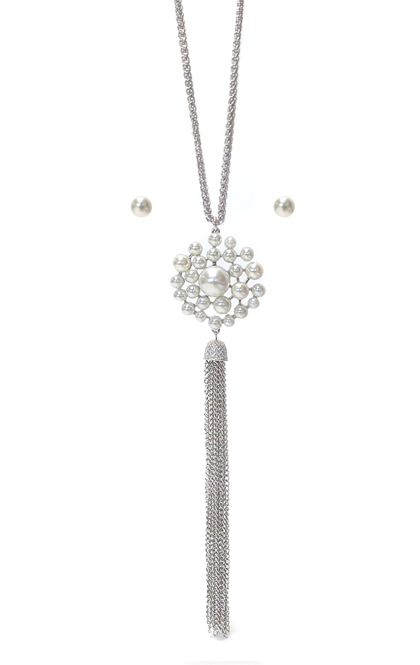 MULTI PEARL AND LONG FINE CHAIN TASSEL LONG NECKLACE SET