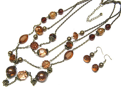 TOPAZ GLASS AND BEADS LONG NECKLACE AND EARRING SET