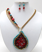 BRAIDED THREAD ON METAL TEAR DROP WITH CHAIN AND MIX BALL BEADS DROP HALF SNAKE CHAIN AND AND MIX STONE WITH WOOD NECKLACE EARRING SET