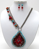 BRAIDED THREAD ON METAL TEAR DROP WITH CHAIN AND MIX BALL BEADS DROP HALF SNAKE CHAIN AND AND MIX STONE WITH WOOD NECKLACE EARRING SET