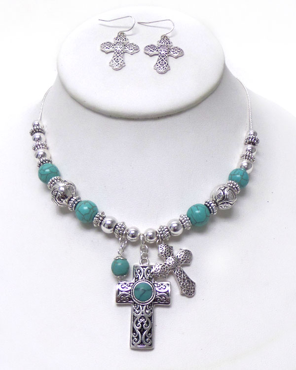 TURQUOISE STONE  WITH METAL FILIGREE CROSS NECKLACE SET