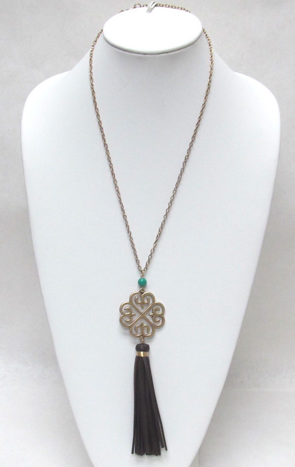 TURQUOISE STONE WITH METAL FLOWER FFILIGREE TASSEL DROP NECKLACE 