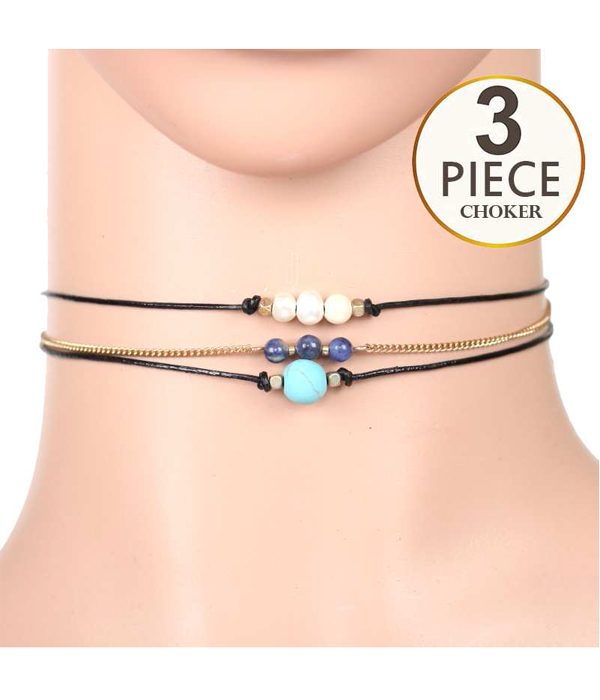 FRESHWATER PEARL AND SEMI PRECIOUS STONE 3 PIECE CHOKER NECKLACE SET