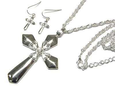 CRYSTAL POST CROSS BRASS METAL NECKLACE AND EARRING SET