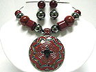 MULTI COLOR CRYSTAL DECO ROUND EAMELED METAL PENDANT AND BEADS NECKLACE SET